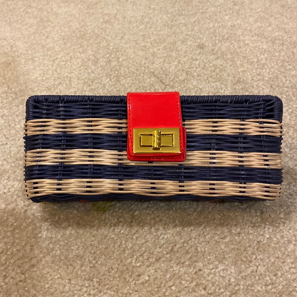 JCrew Factory wood clutch red natural and blue colored with gold hard wear